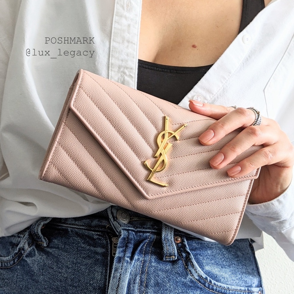 Chic Yves Saint Laurent YSL Clutch Wallet w Chain Buff Pink MSRP $1499